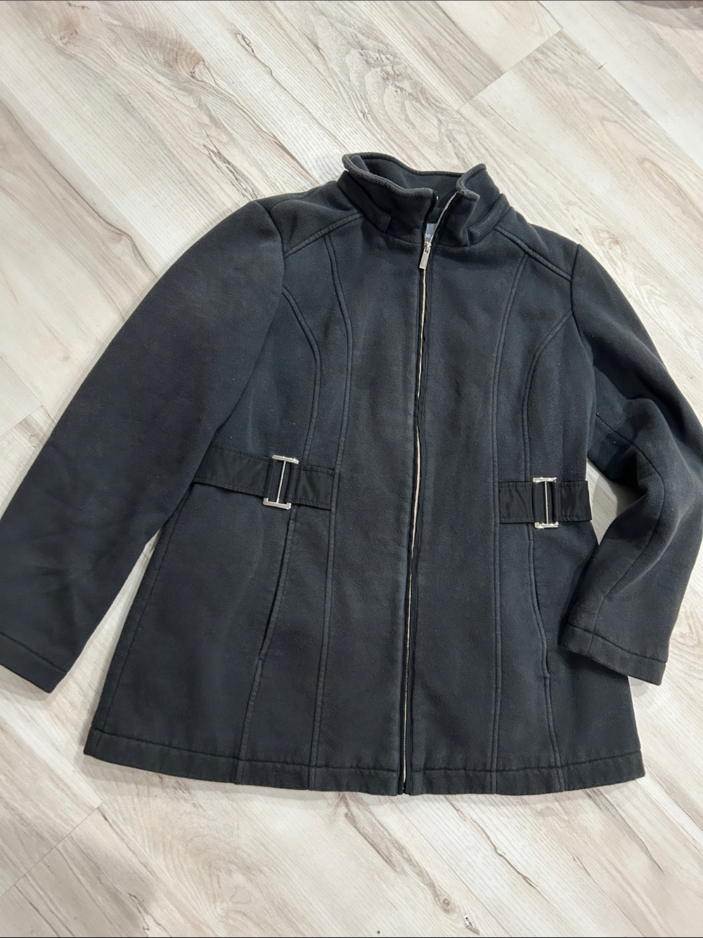 Liz Claiborne Black Zip-Front Pea Coat with Side Buckles